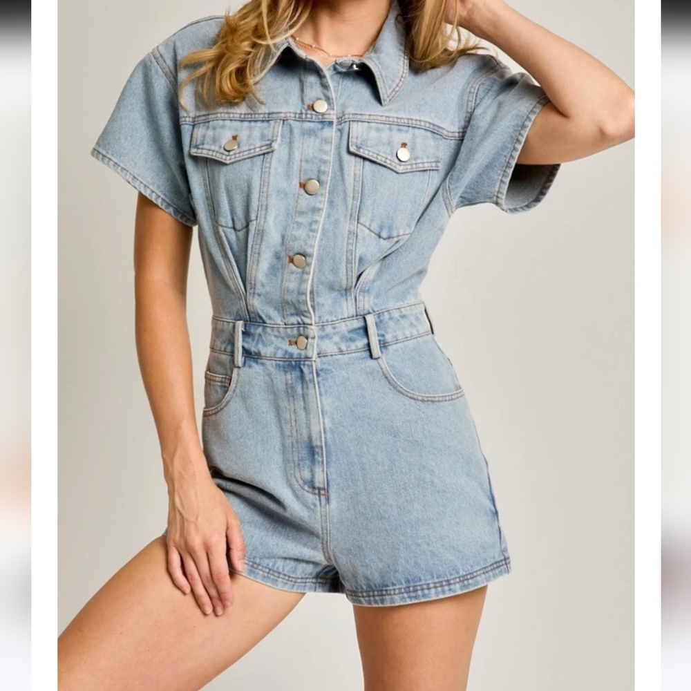 Le Lis Light Blue Denim Romper